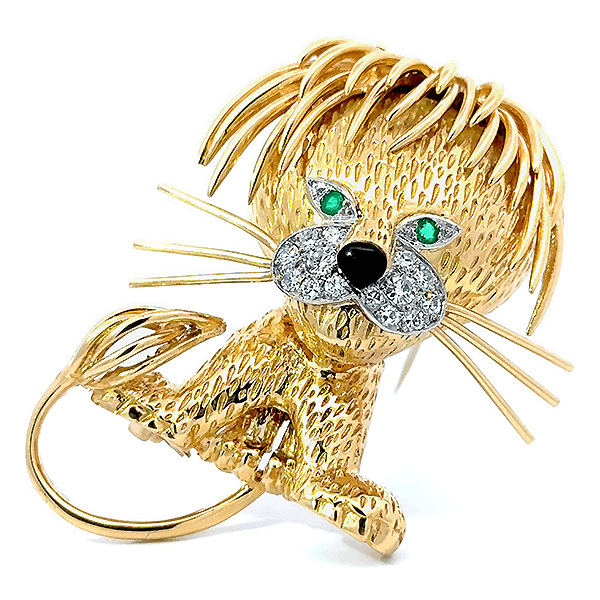 ヴァンクリーフ＆アーペル アニマル ライオン エメラルド ダイヤ エナメル ブローチ K18YG