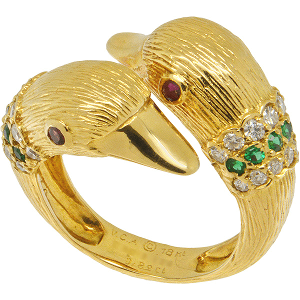 ヴァンクリーフ&アーペル フラミンゴ ダイヤ エメラルド ルビー リング K18YG